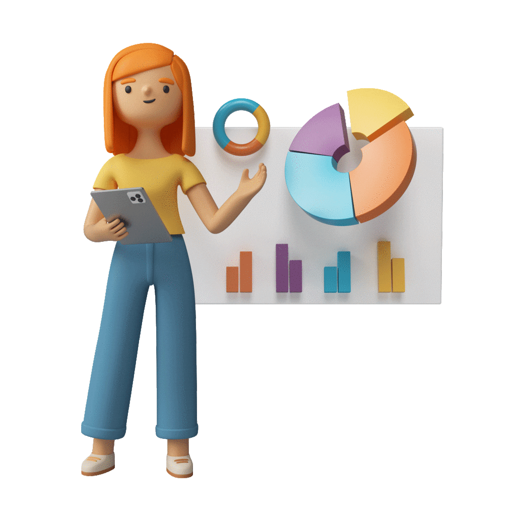 Imagem 3d de uma menina ruiva apresentando dados de um dashboard dos resultados da agência de marketing digital