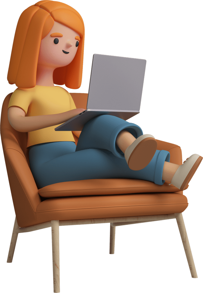 Imagem 3d de uma menina ruiva sentada no sofá estudando os resultados da agência de marketing digital